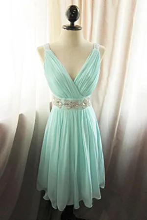 V-neck Mint Chiffon Cute Short Beaded Homecoming Dress With Straps K492