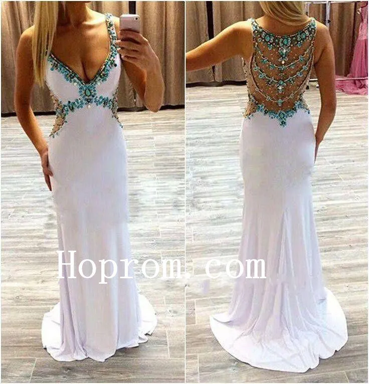 V-Neck Prom Dresses,Beading White Prom Dress,Evening Dress