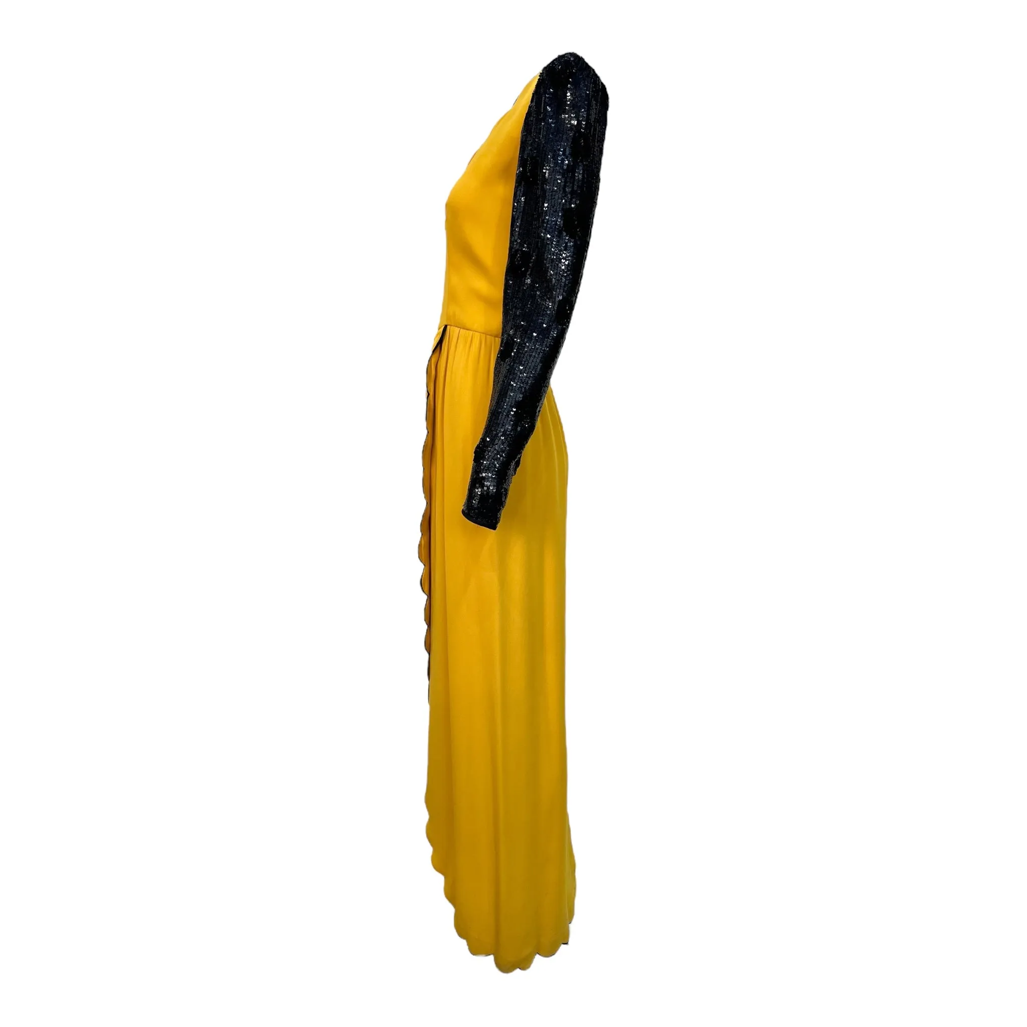 Valentino Couture 1980's Yellow Scalloped Silk & Black Sequin Long Sleeve Gown
