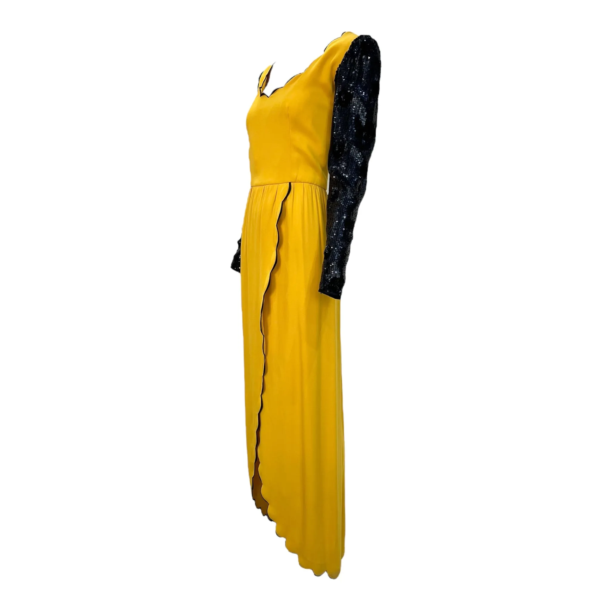 Valentino Couture 1980's Yellow Scalloped Silk & Black Sequin Long Sleeve Gown