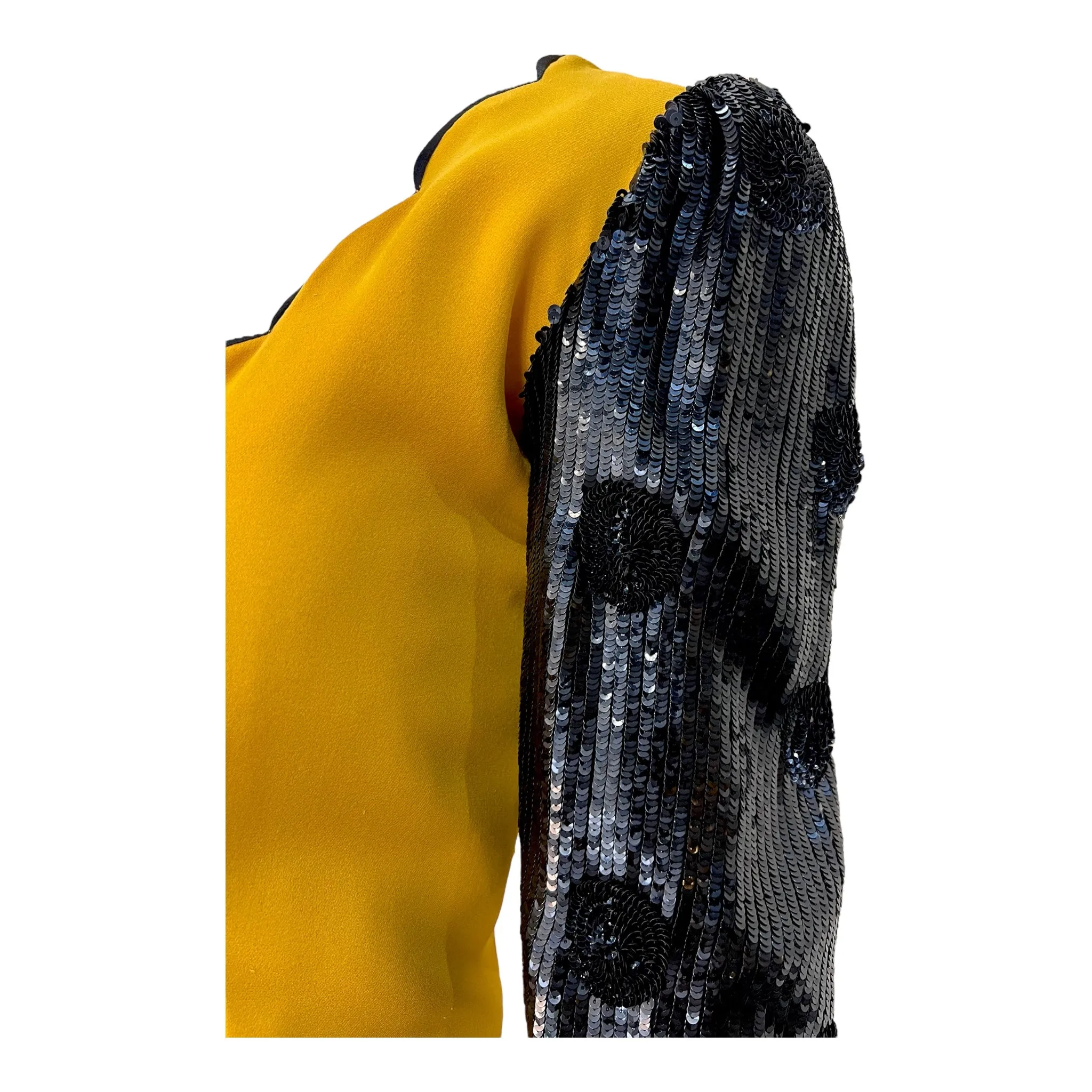 Valentino Couture 1980's Yellow Scalloped Silk & Black Sequin Long Sleeve Gown