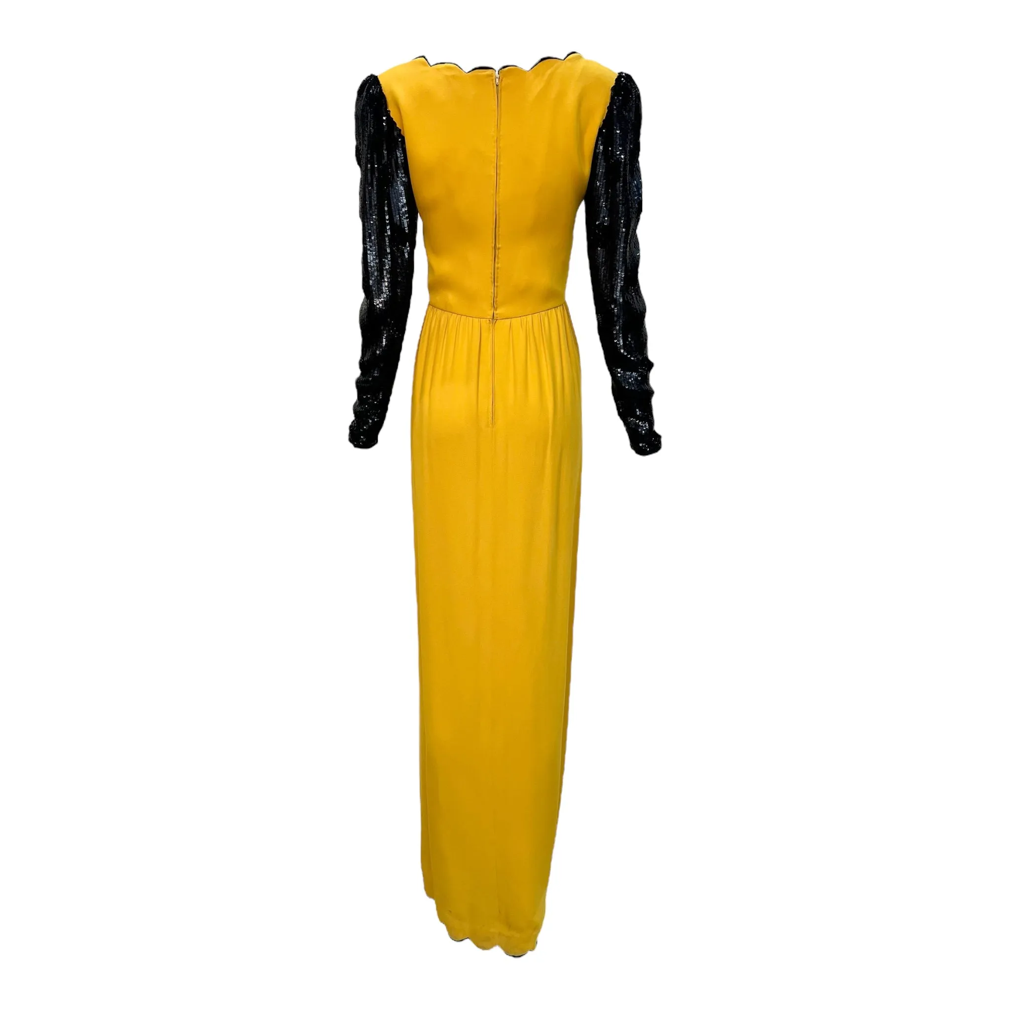 Valentino Couture 1980's Yellow Scalloped Silk & Black Sequin Long Sleeve Gown