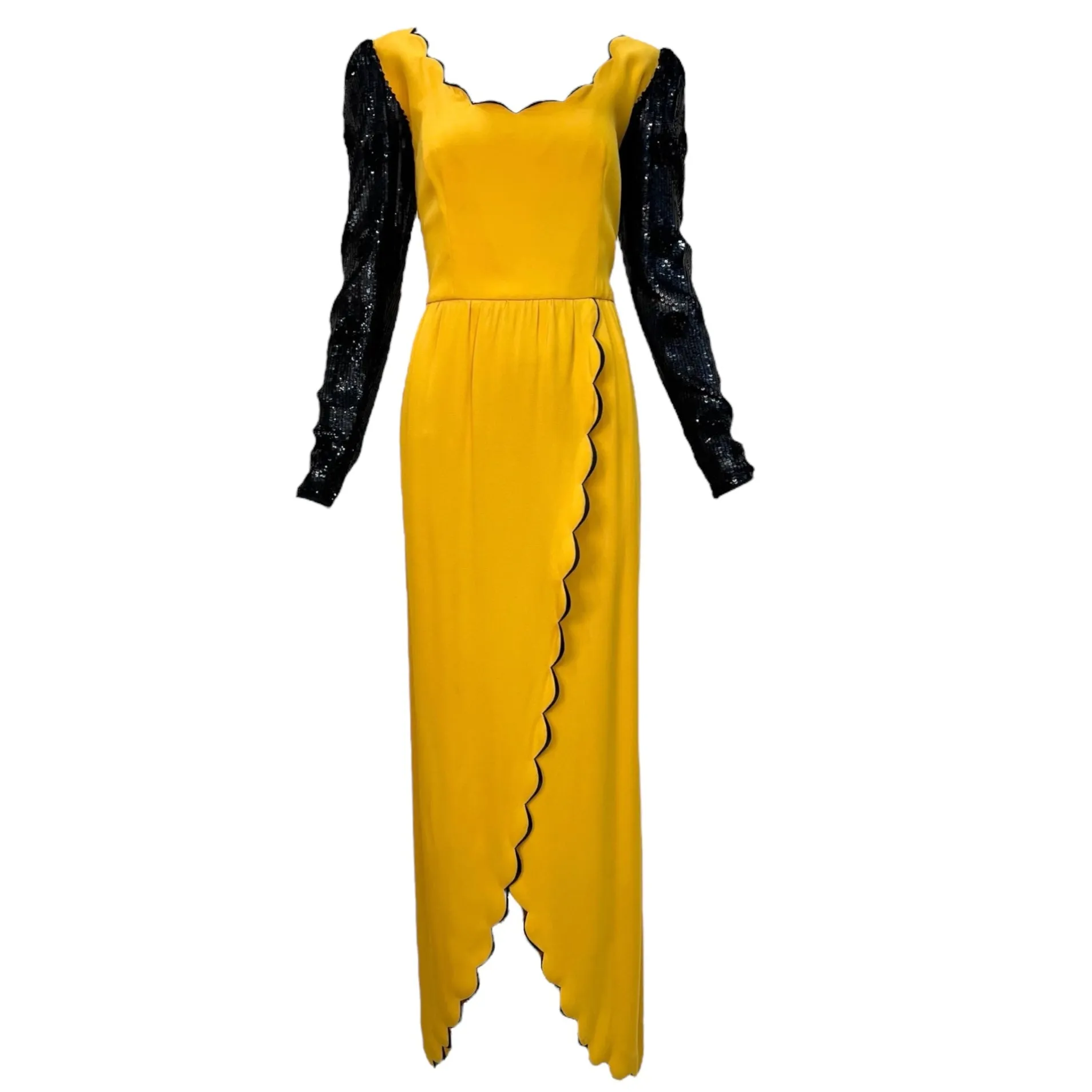 Valentino Couture 1980's Yellow Scalloped Silk & Black Sequin Long Sleeve Gown