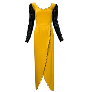 Valentino Couture 1980's Yellow Scalloped Silk & Black Sequin Long Sleeve Gown