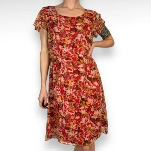 Vintage Floral Silk Mini Dress Red Burgundy Feminine Fairy Coquette Boho Size S