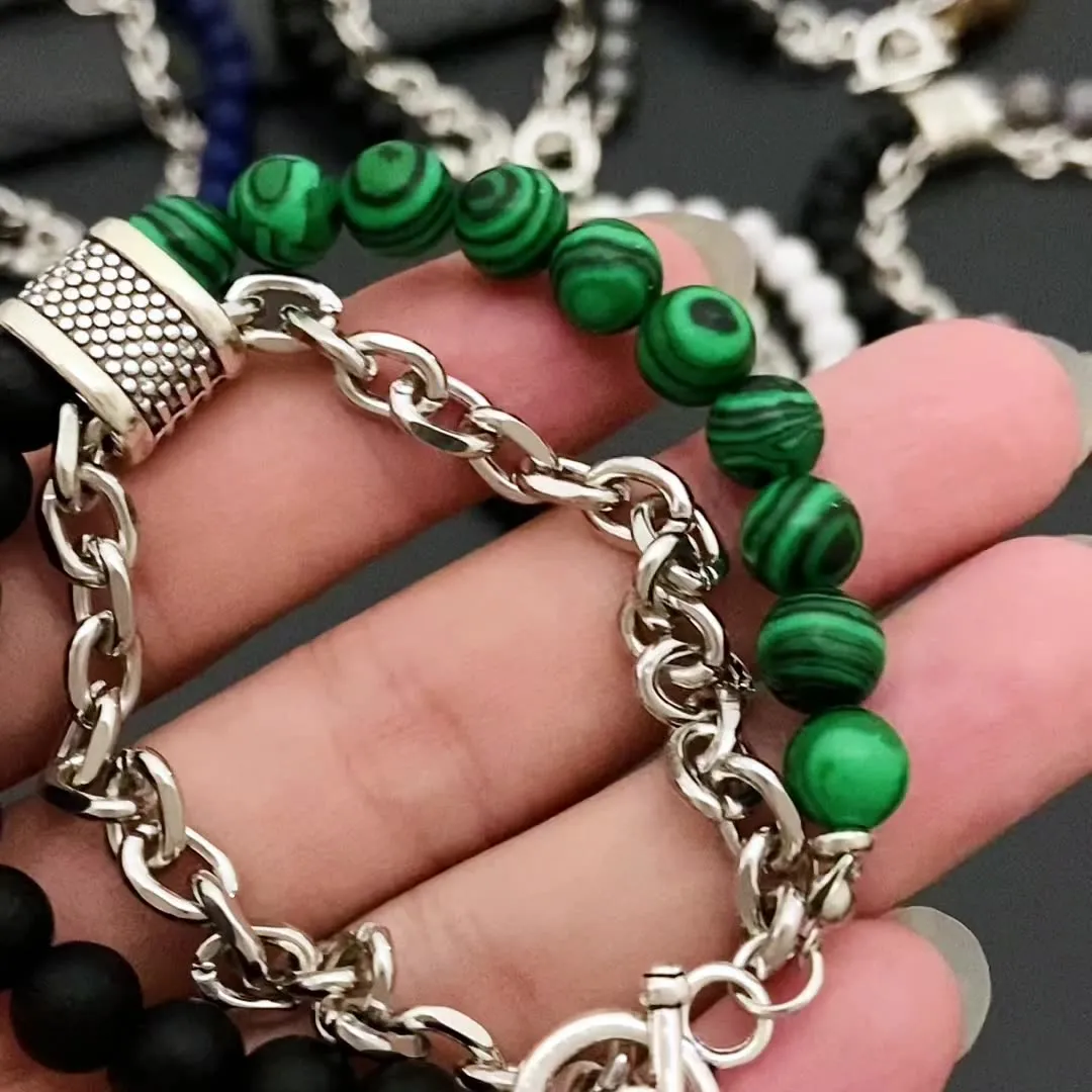 Vintage Style High-End Natural Green Eye Beaded Stone Chain Bracelet – Men’s Fashion Accessory