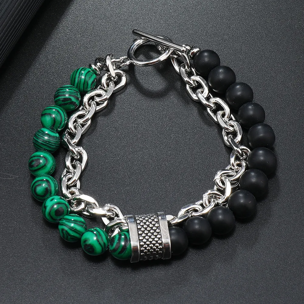 Vintage Style High-End Natural Green Eye Beaded Stone Chain Bracelet – Men’s Fashion Accessory