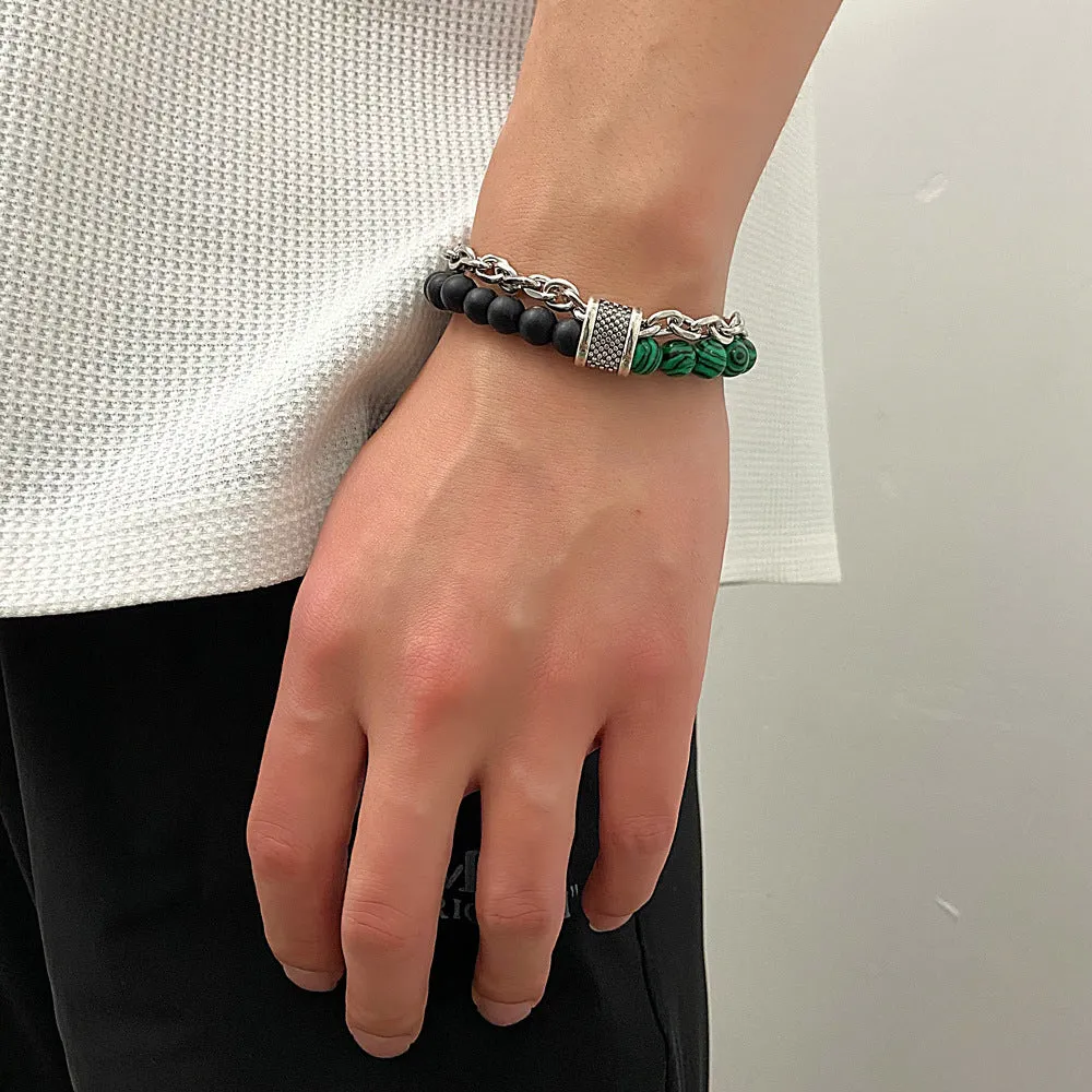 Vintage Style High-End Natural Green Eye Beaded Stone Chain Bracelet – Men’s Fashion Accessory