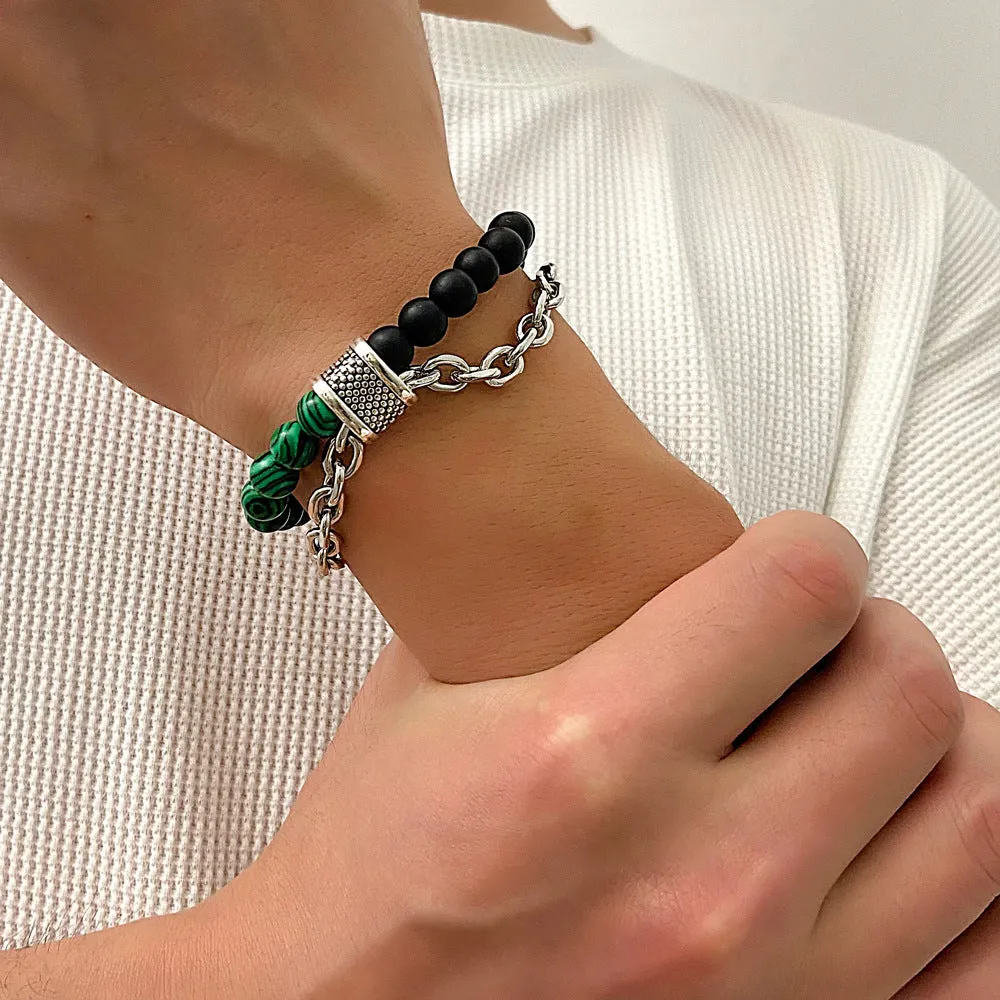 Vintage Style High-End Natural Green Eye Beaded Stone Chain Bracelet – Men’s Fashion Accessory