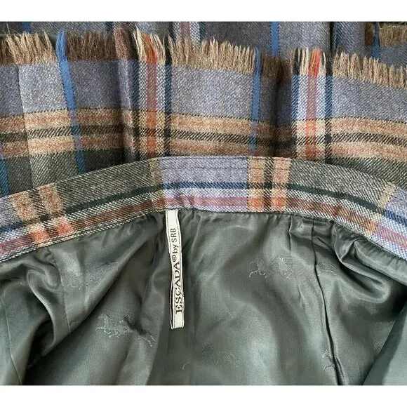 VTG New 70’s Escada SRB 10 Wool Skirt Tartan Plaid Fringe Midi Blue Scottish