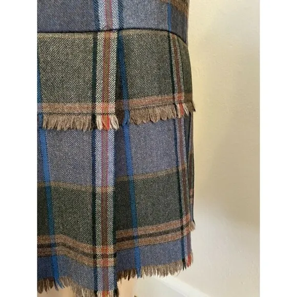 VTG New 70’s Escada SRB 10 Wool Skirt Tartan Plaid Fringe Midi Blue Scottish