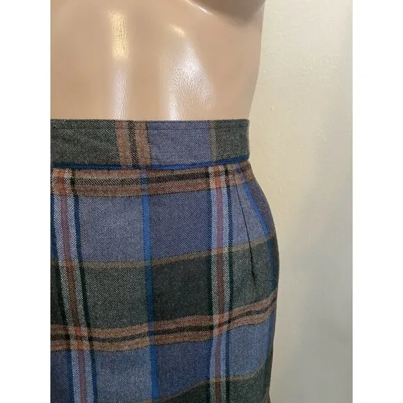VTG New 70’s Escada SRB 10 Wool Skirt Tartan Plaid Fringe Midi Blue Scottish