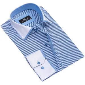White & Blue Lines Mens Slim Fit Designer Dress Shirt - tailored Cotton Shirts for Work and Casual