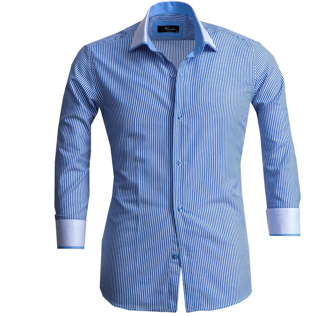 White & Blue Lines Mens Slim Fit Designer Dress Shirt - tailored Cotton Shirts for Work and Casual