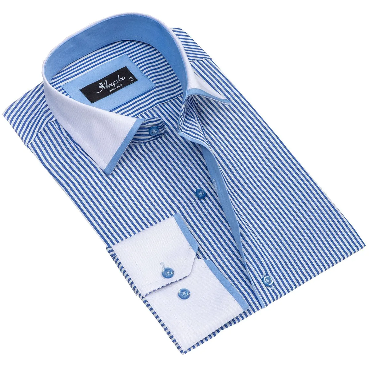 White & Blue Lines Mens Slim Fit Designer Dress Shirt - tailored Cotton Shirts for Work and Casual
