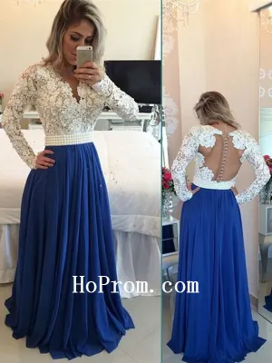 White Lace Prom Dresses,Blue Chiffon Prom Dress,Evening Dress