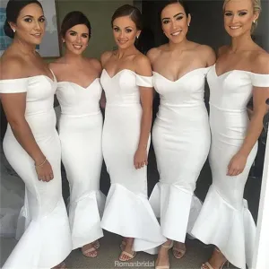 White Mermaid Off-Shoulder Backless Wedding Party Dresses,Long Bridesmaid Dress, BD0479