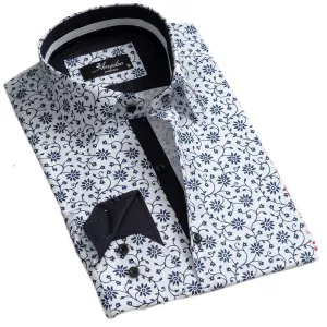 White Navy Blue Floral Mens Slim Fit Designer Dress Shirt - tailored Cotton Shirts for Work and