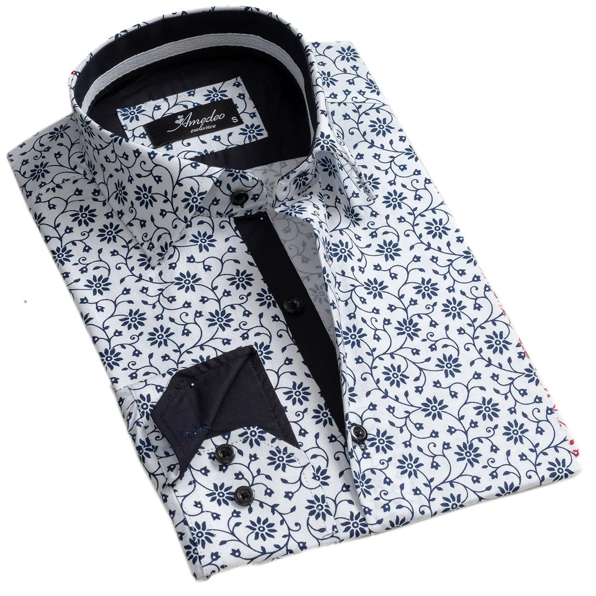 White Navy Blue Floral Mens Slim Fit Designer Dress Shirt - tailored Cotton Shirts for Work and