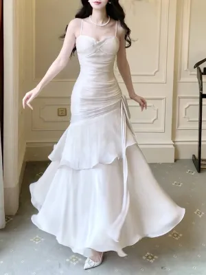 White Satin Sweetheart Mermaid Straps Long Party Dress, White Satin Prom Dress
