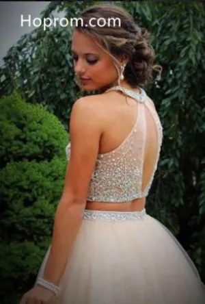 White Two Pieces Homecoming Dress, Beadings Chiffon Homecoming Dress