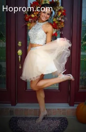 White Two Pieces Homecoming Dress, Beadings Chiffon Homecoming Dress