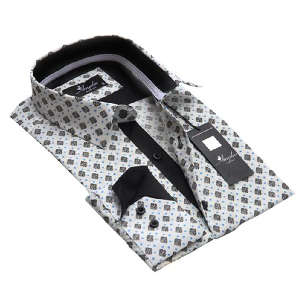 White with Black & Blue Squares Mens Slim Fit Designer Dress Shirt - tailored Cotton Shirts for Work and Casual Wear