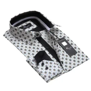 White with Black & Blue Squares Mens Slim Fit Designer Dress Shirt - tailored Cotton Shirts for Work and Casual Wear