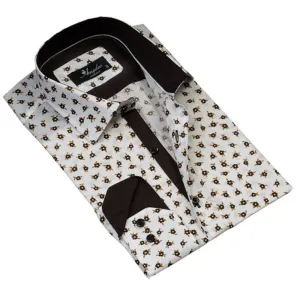 White with Brown Floral Mens Slim Fit Designer Dress Shirt - tailored Cotton Shirts for Work and