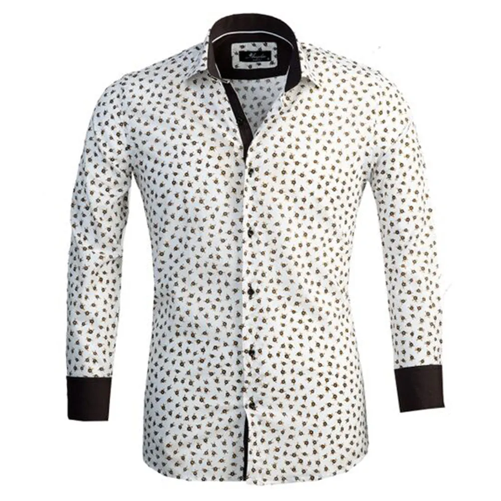 White with Brown Floral Mens Slim Fit Designer Dress Shirt - tailored Cotton Shirts for Work and