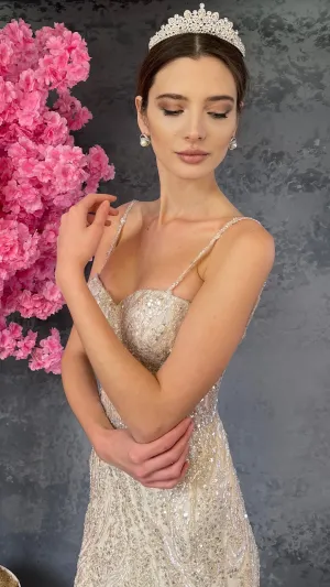 Women's Beige Fully Embroidered Rope Strap Fish Wedding Dress Heart Collar New Season Bridal Dress Elegant & Quality Bridesmaid