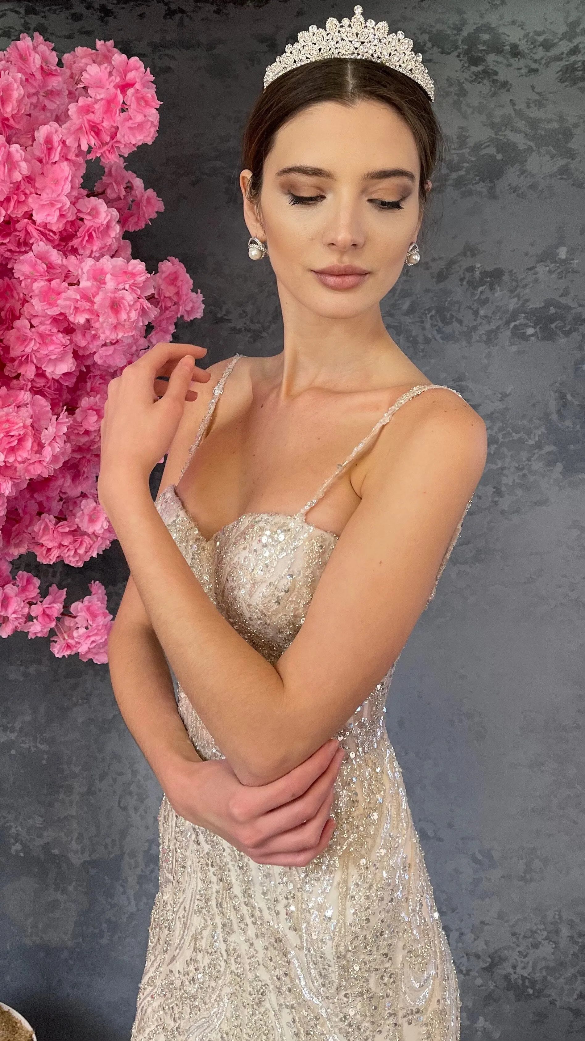 Women's Beige Fully Embroidered Rope Strap Fish Wedding Dress Heart Collar New Season Bridal Dress Elegant & Quality Bridesmaid