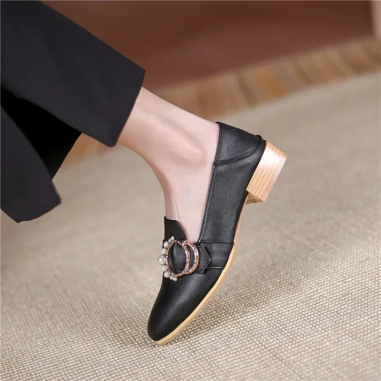 Women's Rhinestone Pearl Low Heel Chunky Pumps