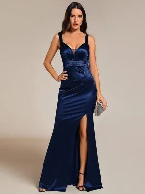 Zandy satin navy evening ball dress with split s10 Express NZ wide